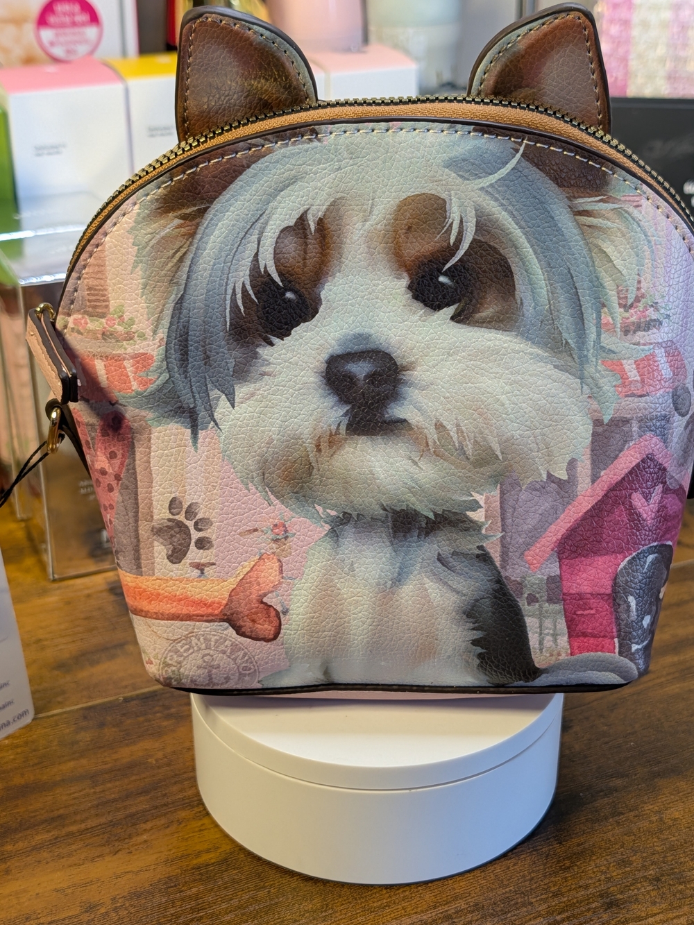 Playful Pink Puppy Crossbody Bag with Brown Ear Accents